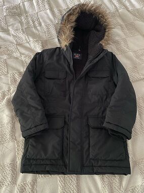 Place Black Hooded Puffer Jacket with Faux-Fur Trim